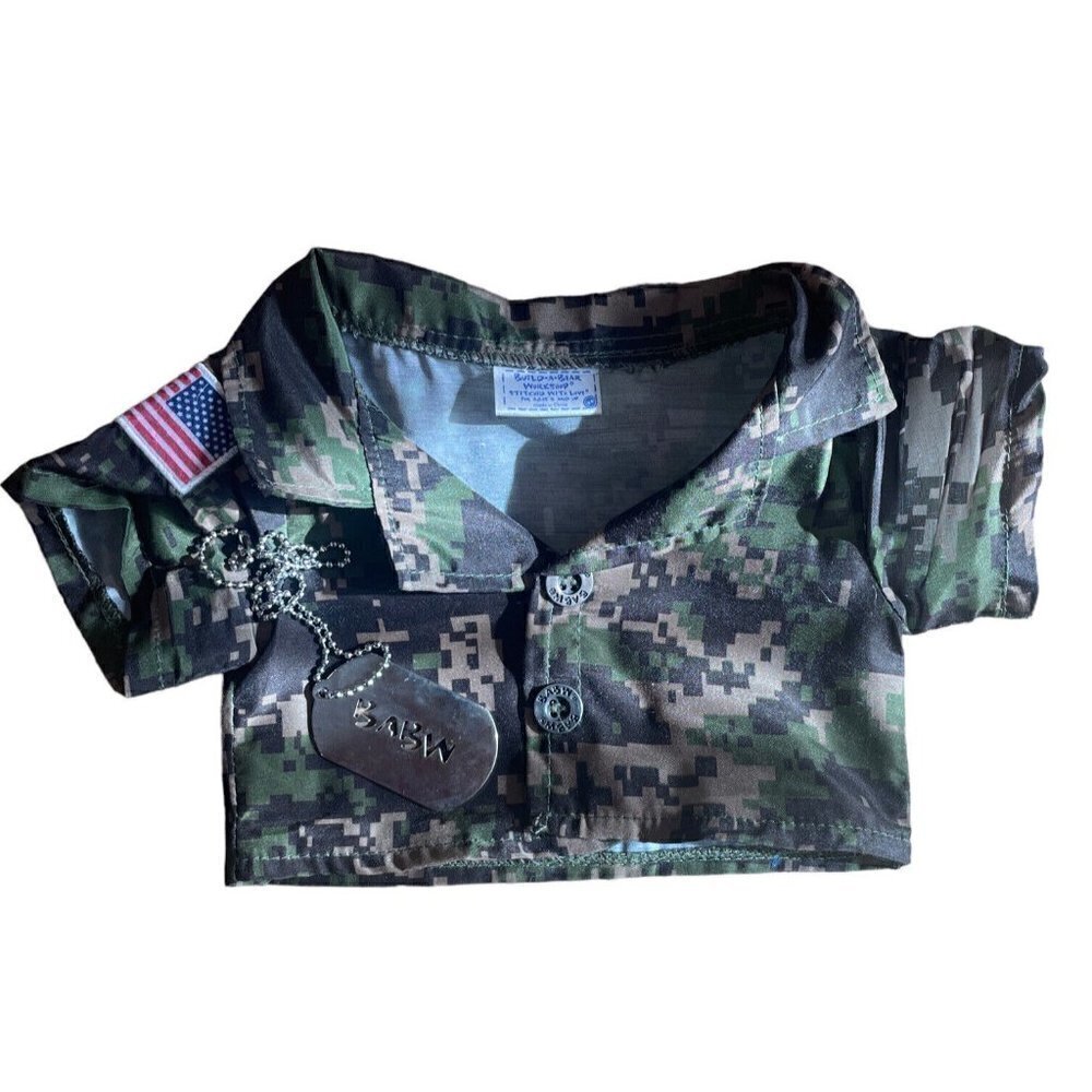 Build A Bear BAB Military Soldier Camo Army Shirt and Dogtag green